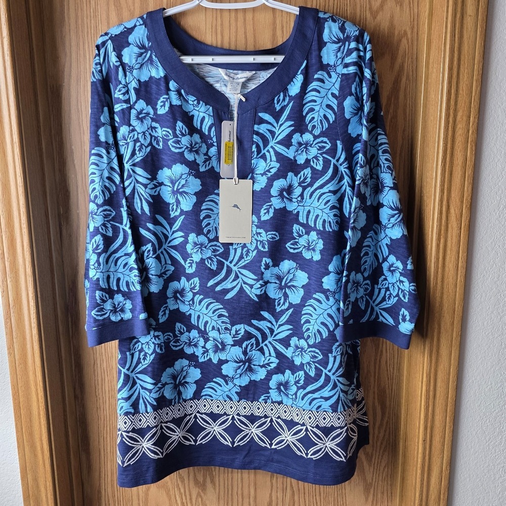 Tommy Bahama XL Blue Tropical Floral Tunic Top 3/4 Sleeve Cotton Modal NWT - Picture 2 of 8